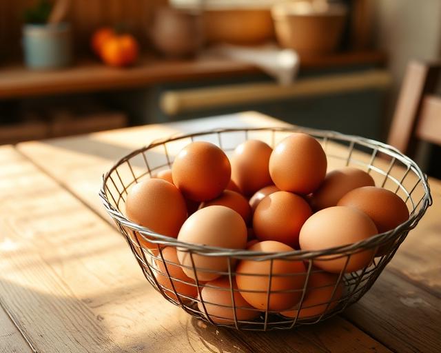 Fresh Rhode Island Red chicken eggs in a wire basket