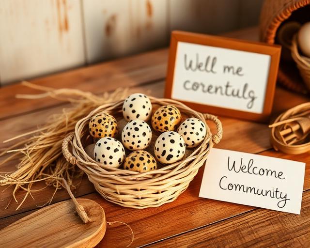 Fresh quail eggs arranged in a woven basket on a rustic farmhouse table