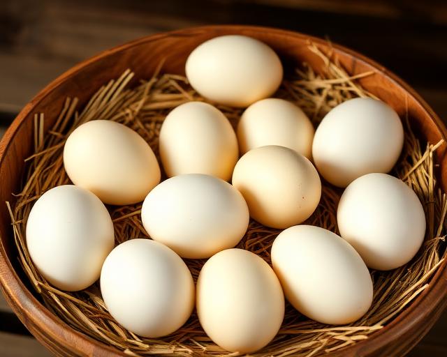 Large Muscovy duck and goose eggs on straw