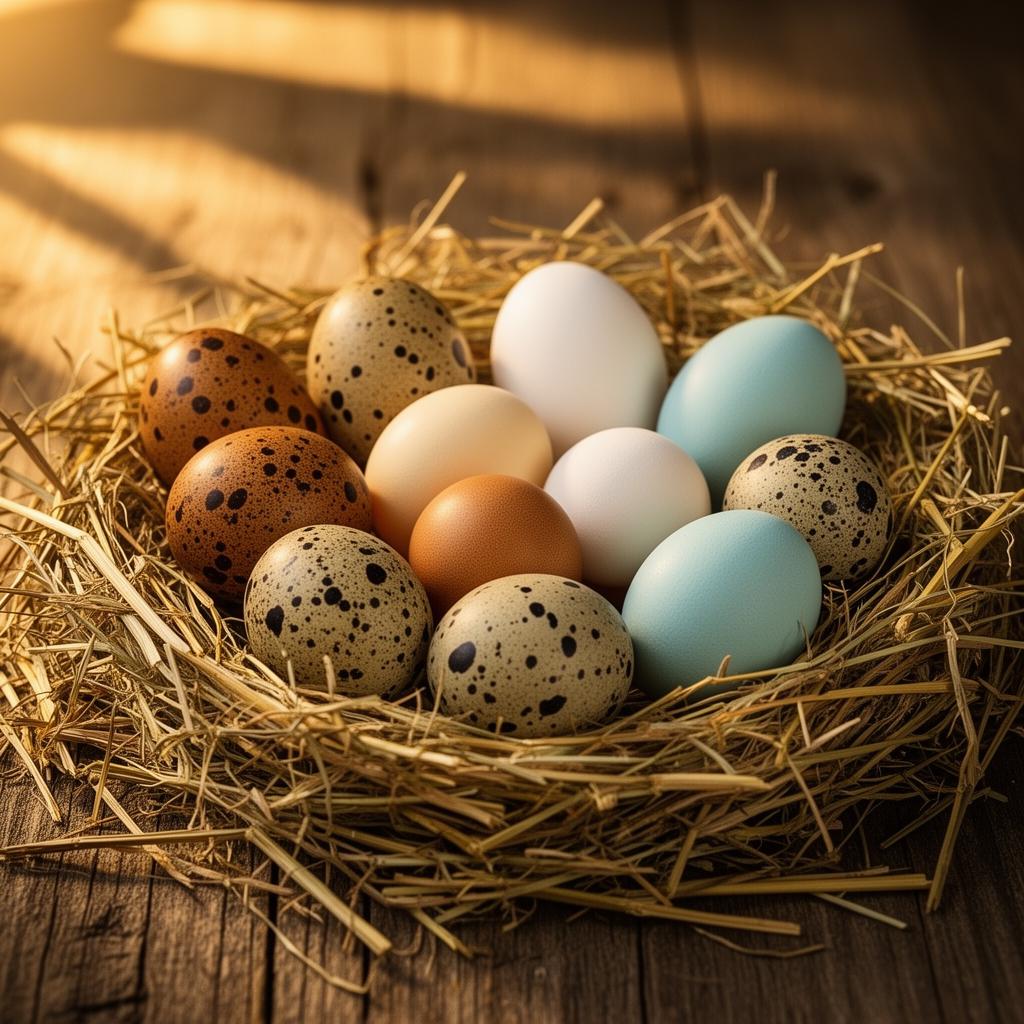 Fresh farm eggs in straw on a rustic wooden surface